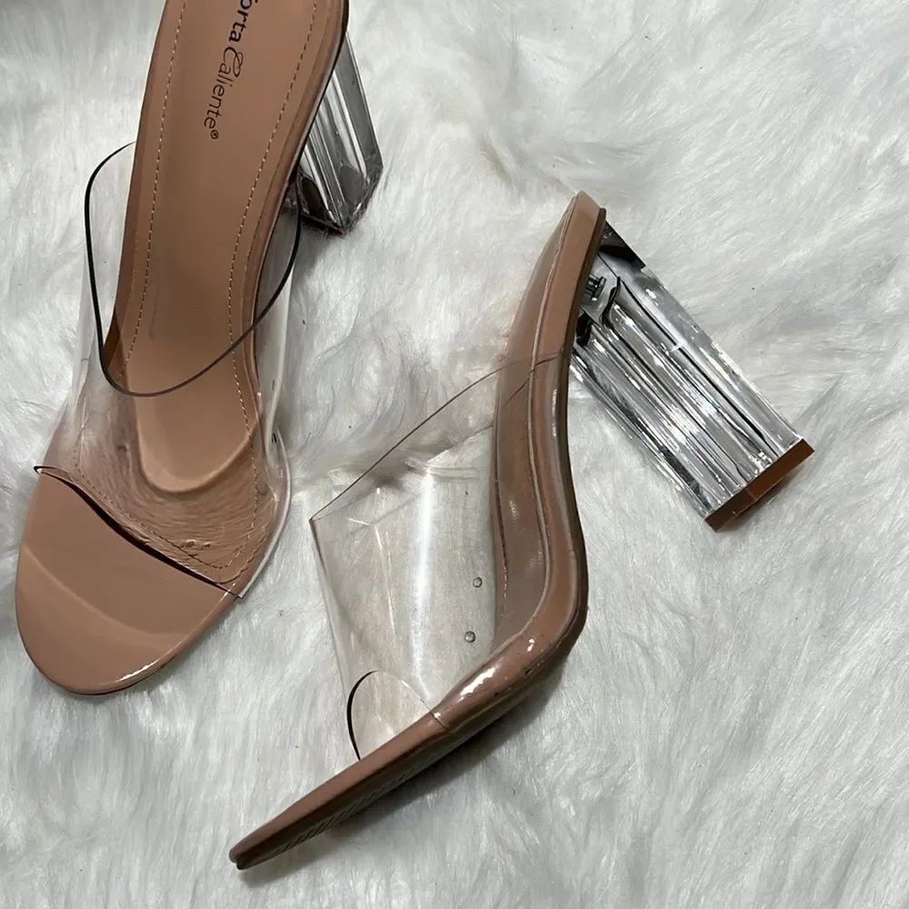 Torta Caliente (Size 8.5M) Clear/Nude‎ Open Toe Slip-on Block Heel. B76